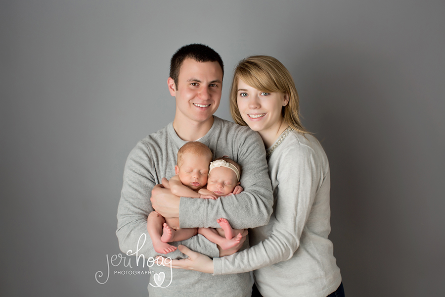 Mom and Dad with Twin Children During Newborn Session